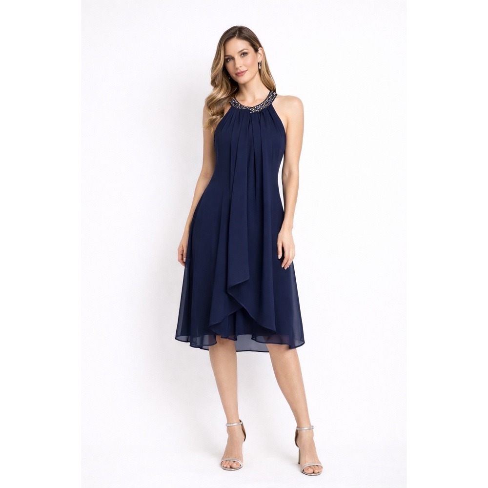 SLNY Navy Blue Embellished Halter Tiered Chiffon Cocktail Dress Size 10 NWT